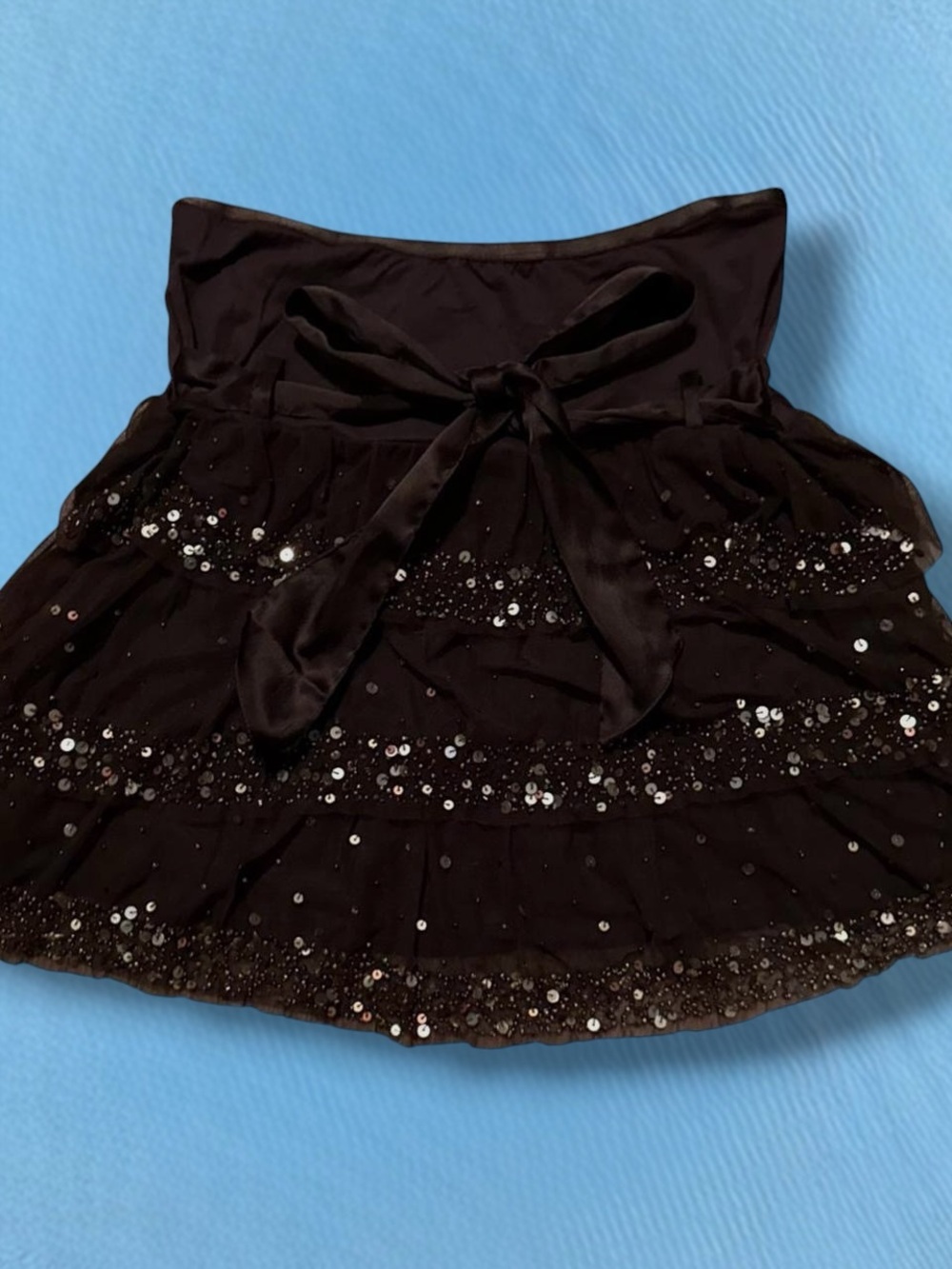Morgan de Toi Black Sequin Tiered Mini Skirt with Satin Waist Bow